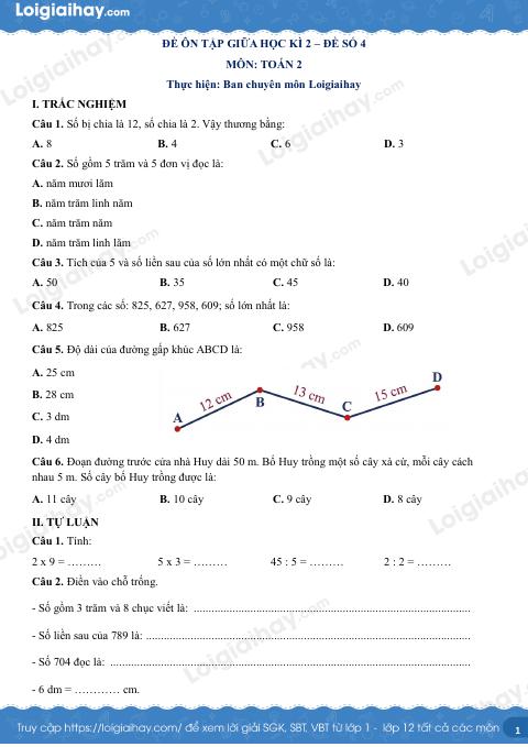 Đề kiểm tra giữa học kì 2 Toán 2 Cánh diều - Đề số 4